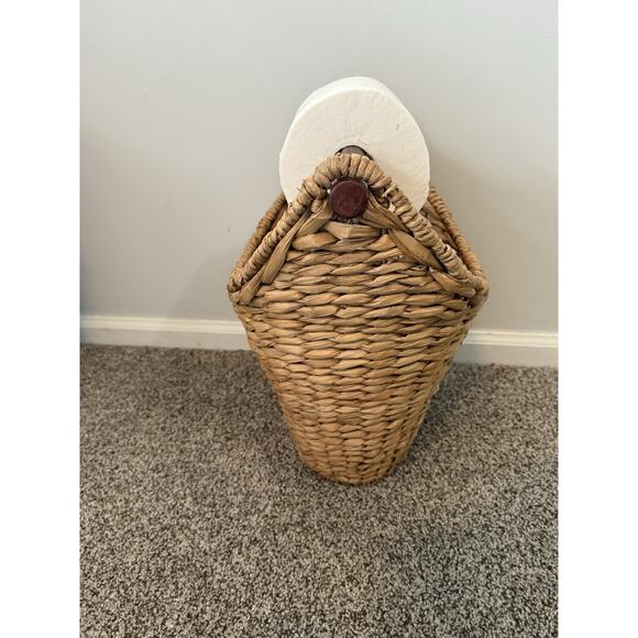 Toilet Paper Storage Basket w/ Roll Holder, Natural - Wicker Bathroom Tissue Bin - Picture 3 of 7
